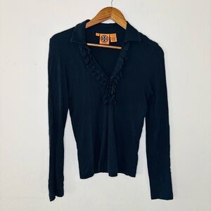 Tory Burch Black Ruffle Front Top Women’s XS Pima Cotton Blend‎ Long Sleeve